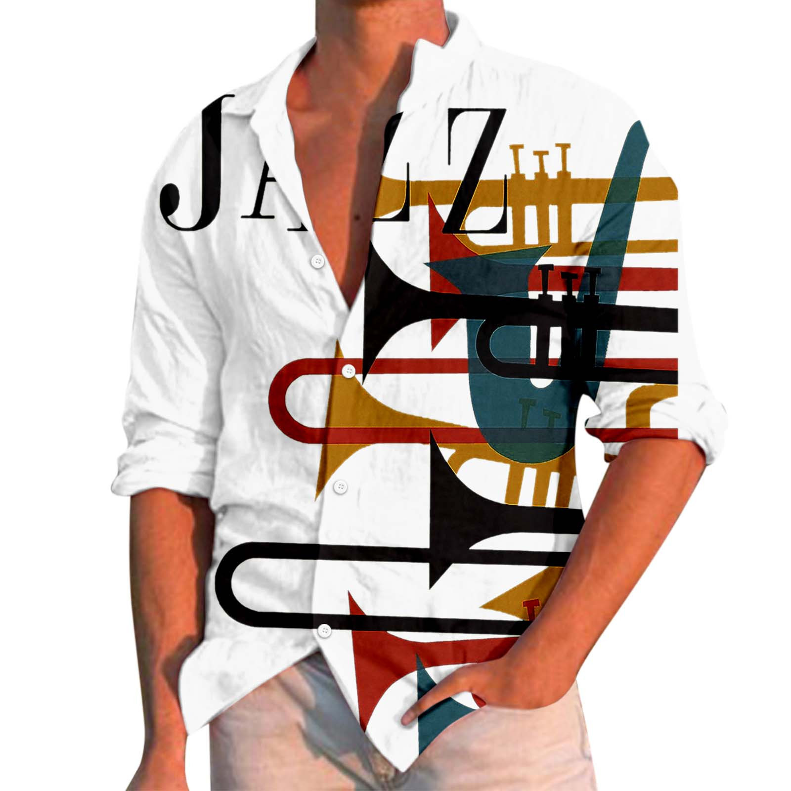 男式春秋冬长袖印花衬衫上衣时尚休闲拼色翻领纽扣上衣衬衫2024款