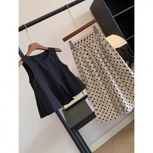 2024夏款女中大童装赫本无袖裙摆边娃娃衫波点阔腿裤两件套装