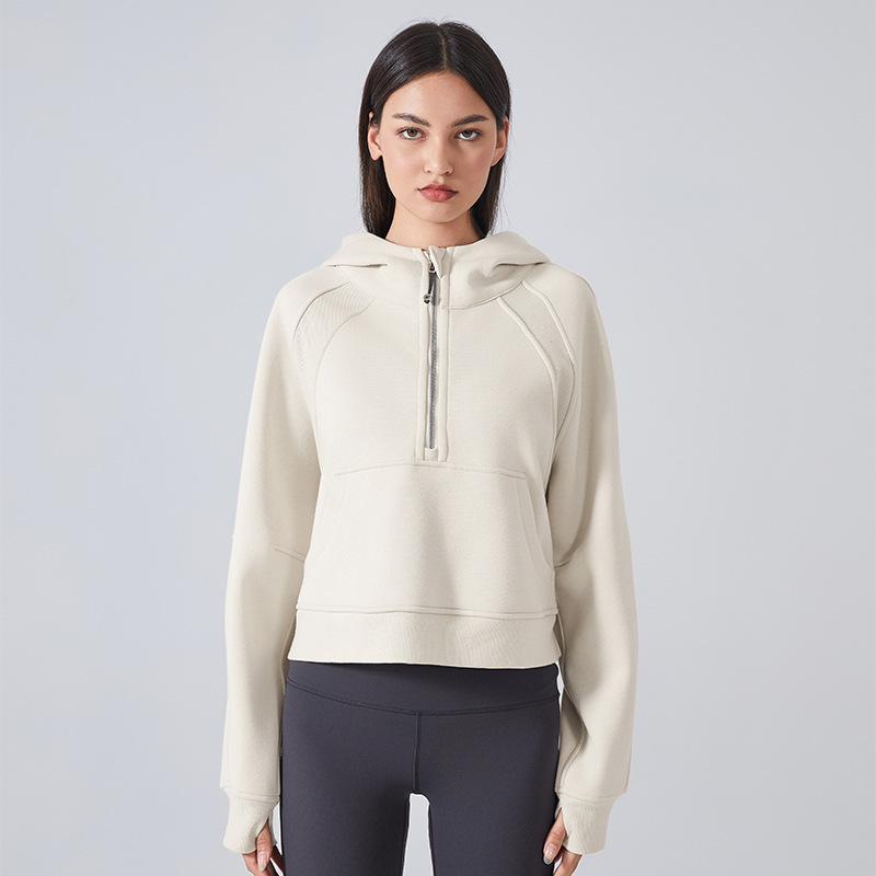 2025 otoño y invierno de vello a prueba de viento con capuchón suéter deportivo casual de mujer chaqueta corta con media cremallera chaqueta de yoga