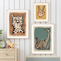 跨境野豹兔子恐龍大象兒童房間裝飾復古藝術畫客廳牆面裝飾畫畫芯