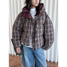 冬季新款韩版时髦复古格纹连帽棉服舒适保暖宽松显瘦外套女