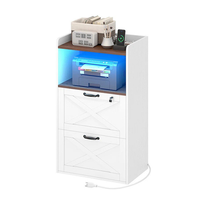 Factoria de comercio exterior personalizada dos cajones gabinete de archivos de oficina gabinete de madera con lámpara LED gabinete de almacenamiento abierto