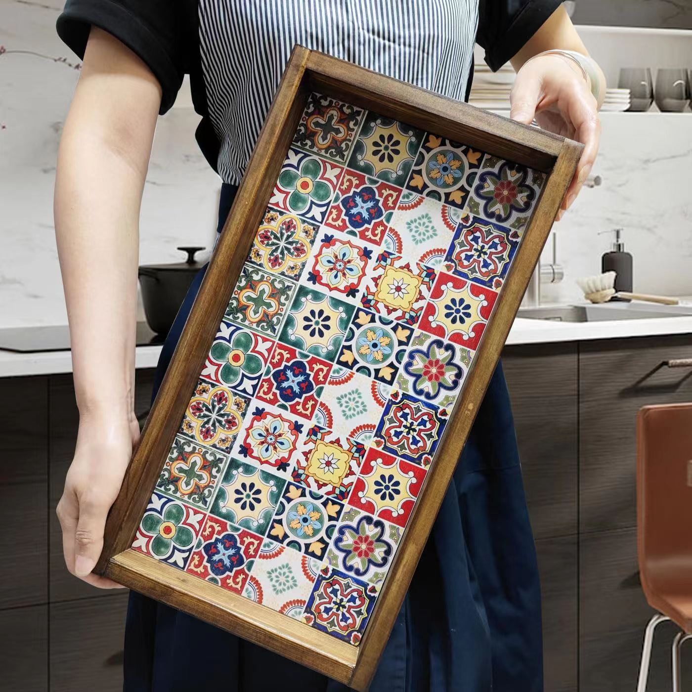 Bohemia Mediterráneo europeo retro madera maciza bandeja de té bandeja de madera caja decorativa de almacenamiento café zen exquisito