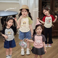 女童插肩袖短袖t恤2024夏裝新款女寶洋氣抽繩上衣兒童休閒百搭款