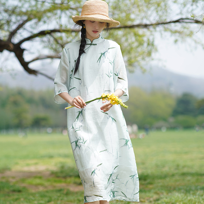 Cotton and linen women's clothing 2025 summer new dress women's new Chinese retro improved cheongsam temperament national style tea art clothing