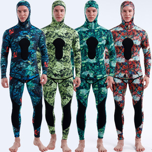 Neoprene Wetsuit 3mm Camouflage Split Two-Piece Wetsuit Hooded Cold-Proof and Warm Wetsuit