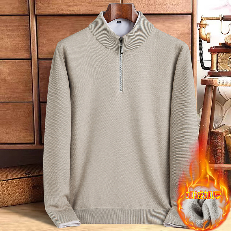 Cross-border men's autumn and winter stand collar fleece-lined thickened half zipper sweater middle-aged fashion casual base sweater