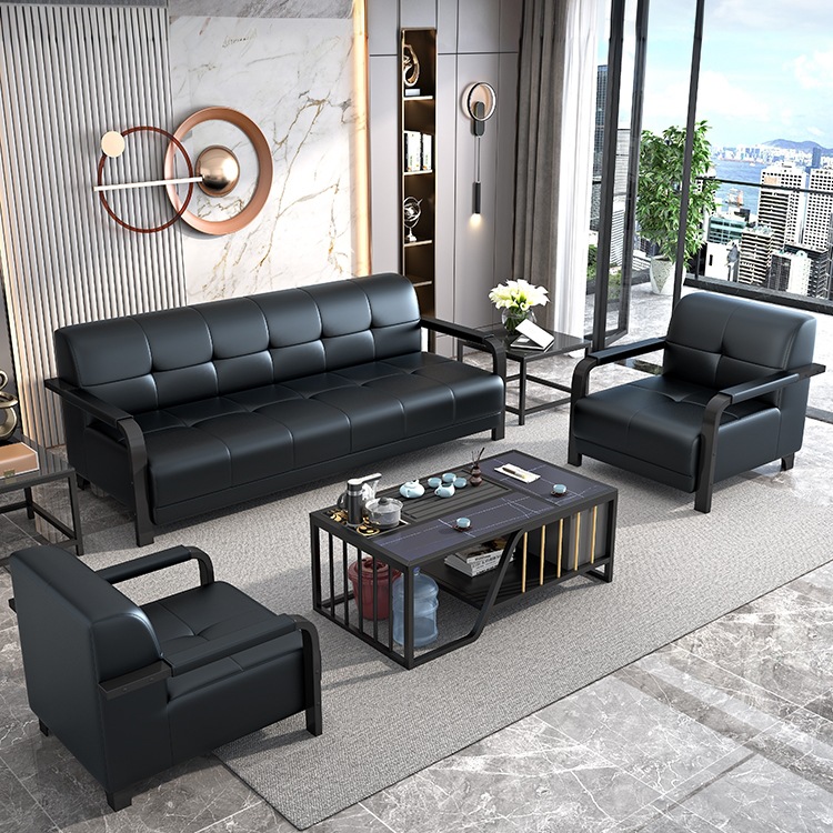 时尚商务办公沙发现代简约接待会客三人位办公室洽谈铁艺茶几组合