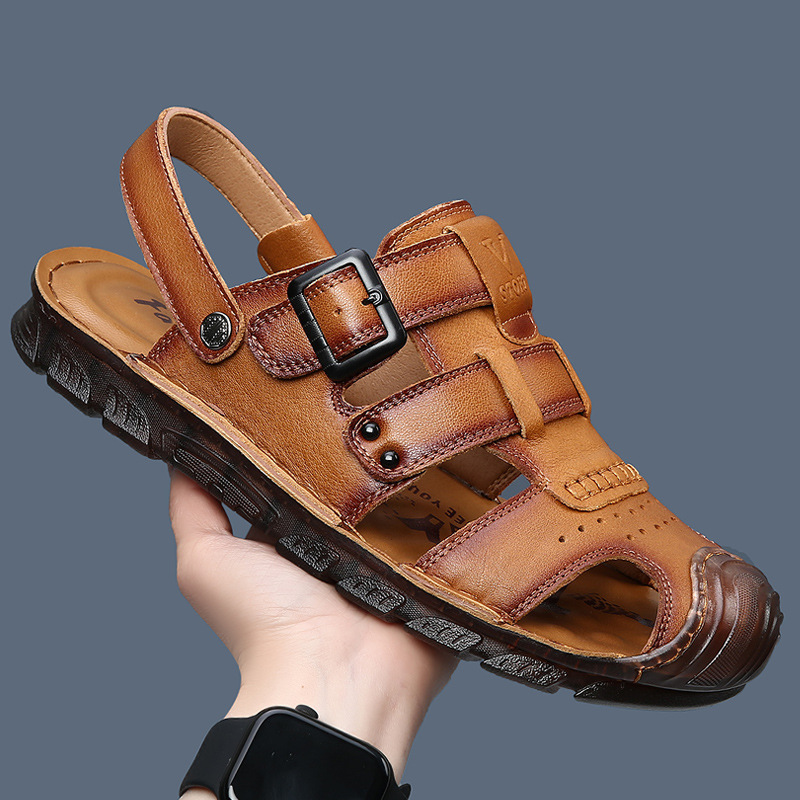 First-Layer Cowhide Sandals for Men, Summer Outdoor Wear, Non-Slip Rubber Sole, Closed-Toe Beach Shoes, Genuine Leather Men's Sandals First-Layer Cowhide Sandals for Men, Summer Outdoor Wear, Non-Slip Rubber Sole, Closed-Toe Beach Shoes, Genuine Leather Men's Sandals