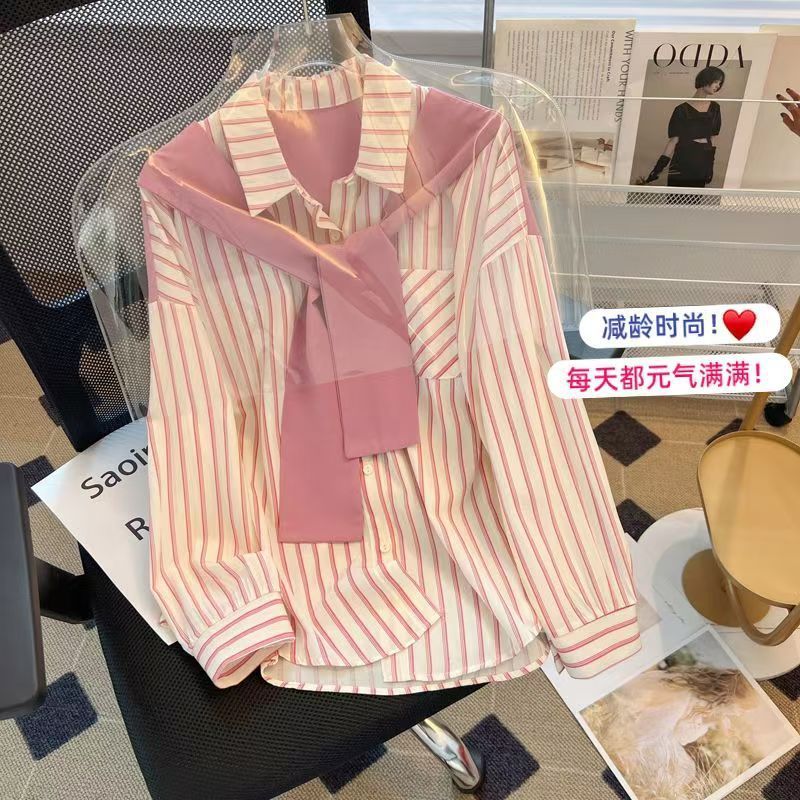条纹衬衫女士装春秋季2025年新款欧货洋气假两件爆款上衣长袖衬衣|undefined