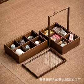 新中式木质礼品盒中秋节月饼包装盒复古茶具多层收纳盒点心手提盒