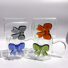 轻奢粉色大蝴蝶结高硼硅玻璃杯ins风耐热玻璃居家冷饮杯果汁水杯