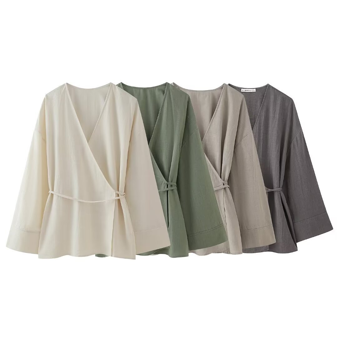 Roupas femininas verão 2024 novo estilo quimono texturizado trespassado conjunto de calças_voghion.com