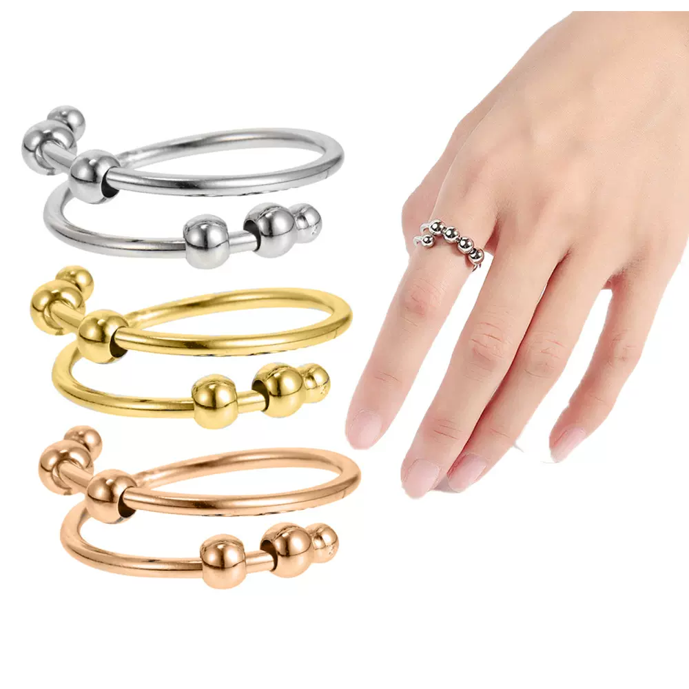 跨境热销创意个性运转珠开口戒指不锈钢双层旋转圆珠焦虑解压指环