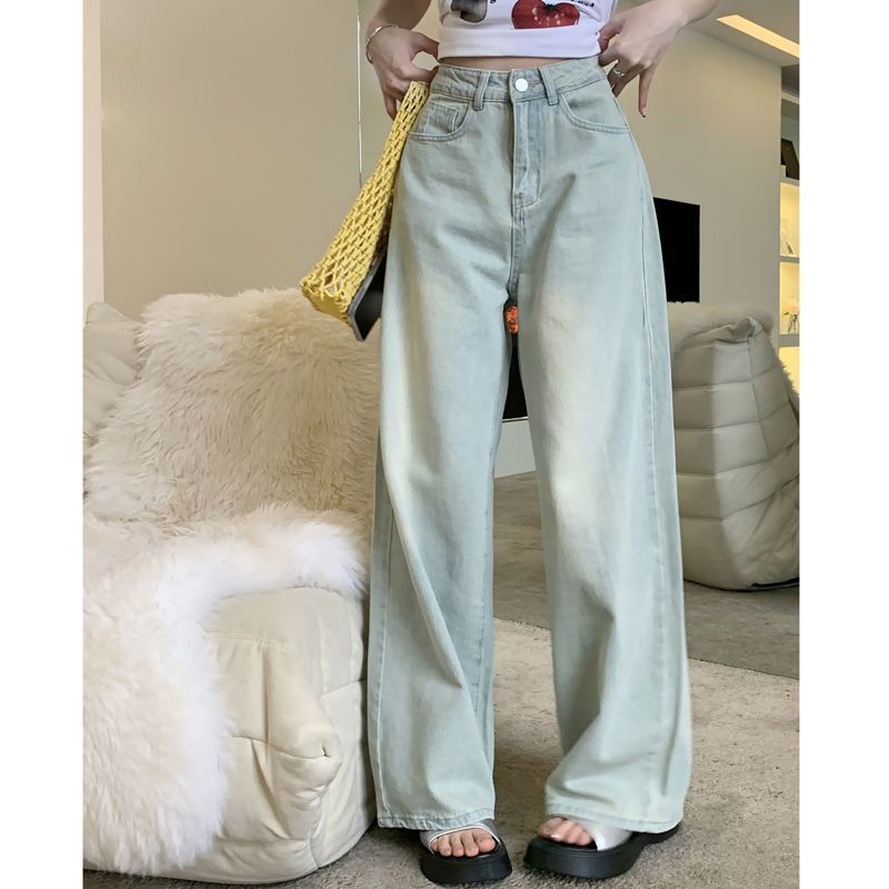 Yellow Mud Color Washed Denim Distressed Jeans for Women, New Spring/Summer High-Waisted Straight-Leg Loose Wide-Leg Pants Trendy