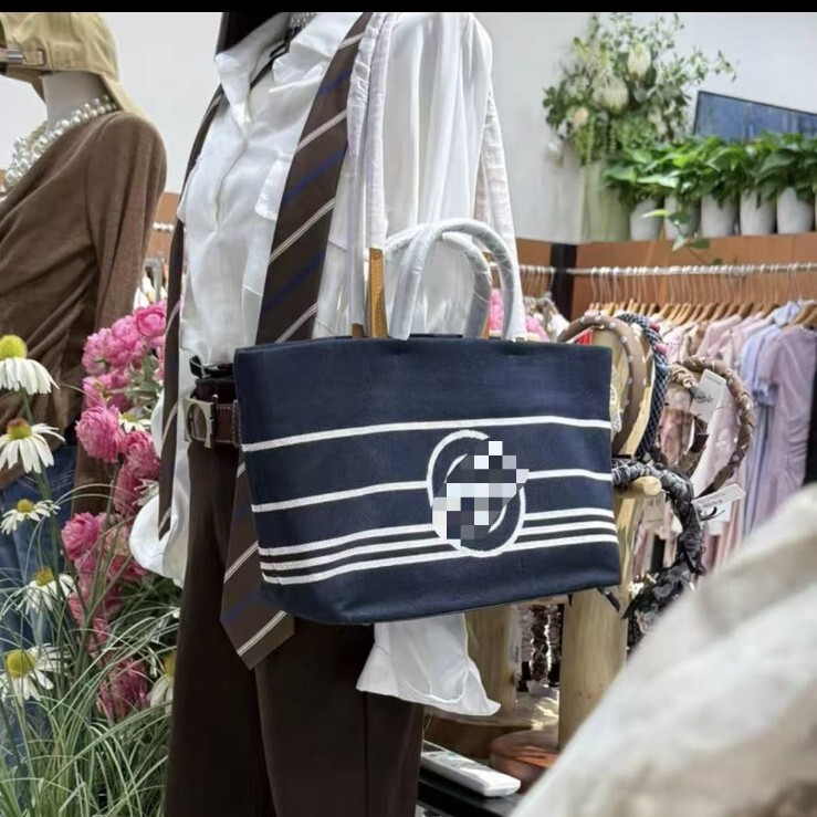 Denim Navy Striped Beach Bag with Small Chanel-Style Tote Bag for Women, Large Capacity Canvas Casual Commuter Bag