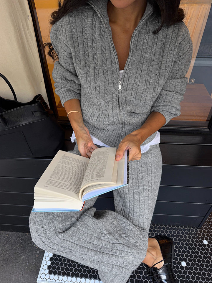 Bộ hai món nữ áo len cardigan cổ bẻ khóa kéo phối quần dài ống đứng, form rộng — Bộ hai mảnh áo len màu hồng, Bộ hai mảnh áo len màu sô cô la, Bộ hai mảnh áo len màu xanh ô liu, Bộ hai mảnh áo len màu xám chi tiết 15