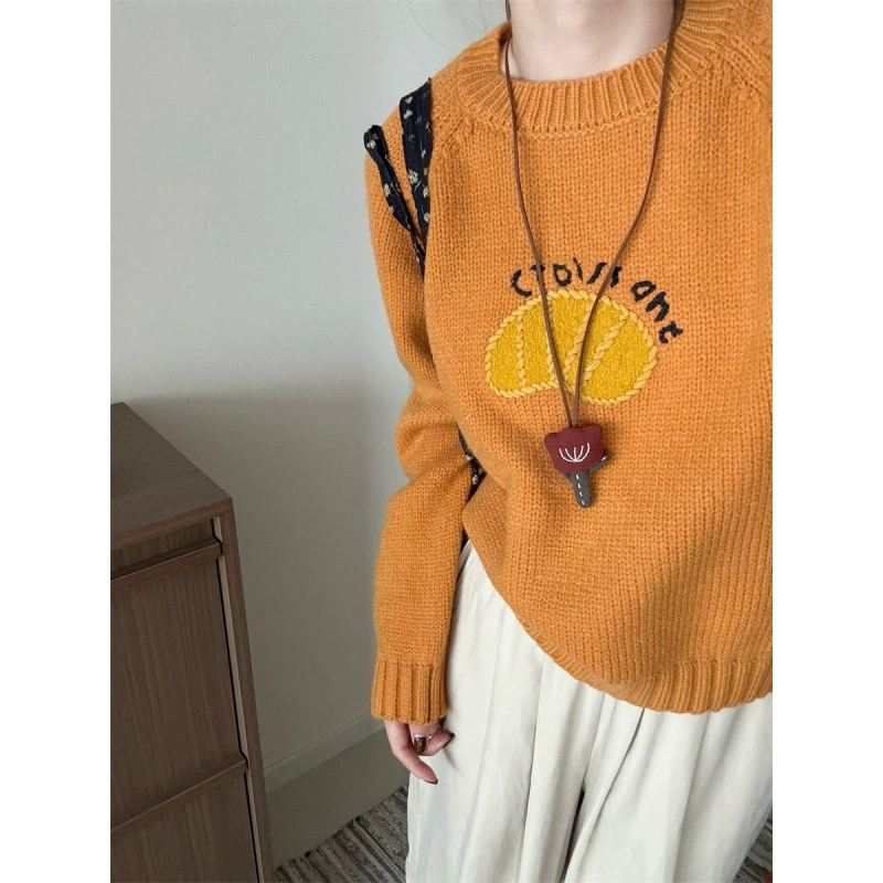Милый вязаный свитер с рисунком из мультфильма, круглый воротник, размер oversize.