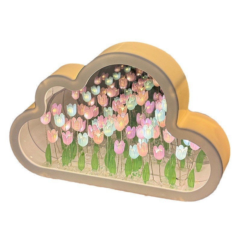 Lámpara de Noche de Tulipán en la Nube, Espejo Hecho a Mano, Flor, Ambiente Marino, Lámpara de Escritorio, Adorno Creativo, Regalo para Mujer