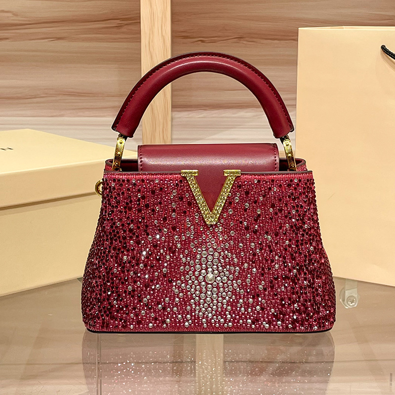 High-End Cross-Border Export Rhinestone Handbag Women's 2025 Autumn and Winter New Fashion Genuine Leather Bucket Crossbody Bag