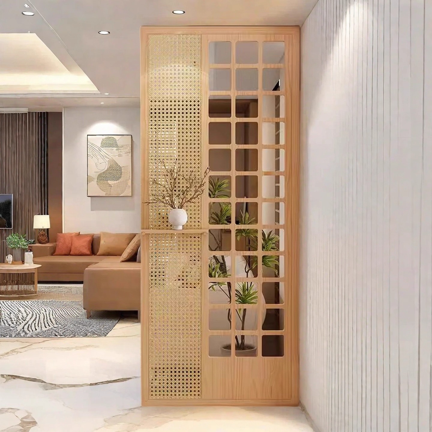 New Mid-Century Style Simple Glass Screen Partition Hollow Living Room Entrance Entrance Blocking Solid Wood Rattan Seat Screen