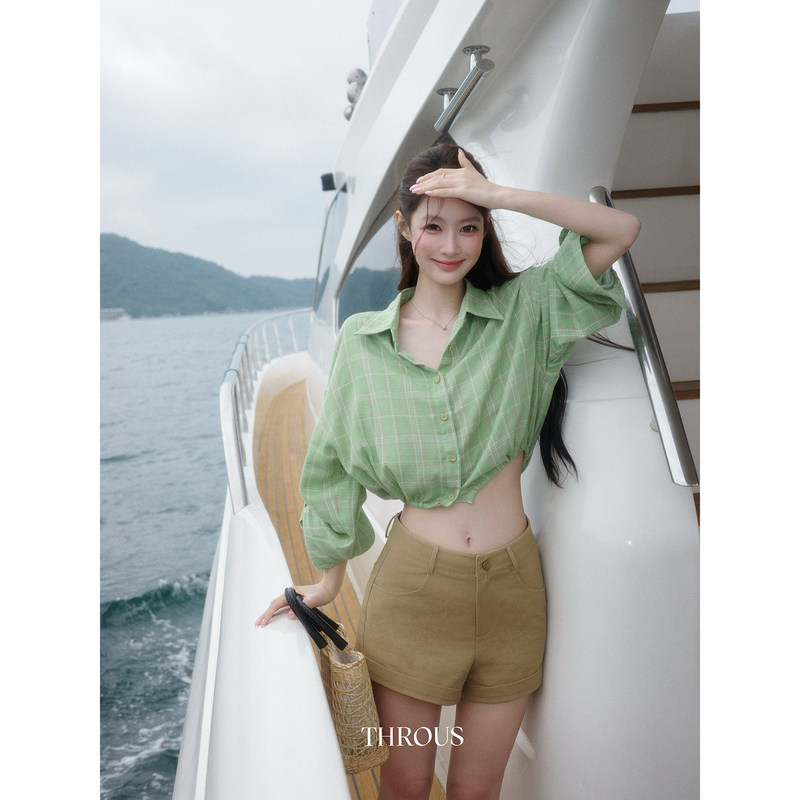 Green Plaid Polo Collar Shirt for Women, Summer Korean Style Casual Drawstring Elastic Short Shirt