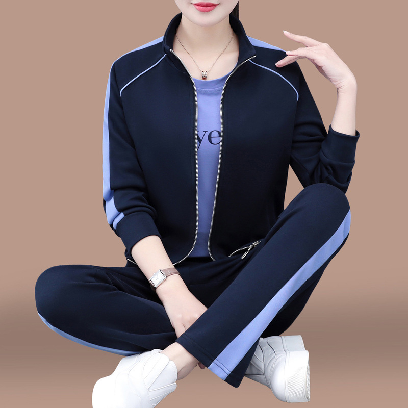立领休闲运动套装女2025新款春秋中年妈妈宽松跑步卫衣外套三件套|undefined