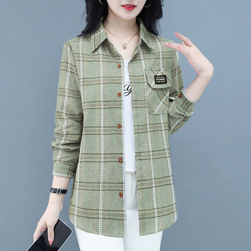 Women's Long Sleeve Spring and Autumn Shirt, Mother Grid Stylish Fashion Large Women's Shirt, Summer Thin Outerwear
