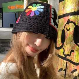 GD权志龙演唱会同款手工钩织雏菊笑脸渔夫帽女大头围美式盆帽男潮