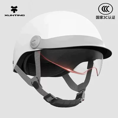 Motosiklet kaskı (dəbilqə), certified electric vehicle helmet for men - cream-white-high-definition-protective-visor-sun-protection-brim-3c-certified-retro-and-trendy