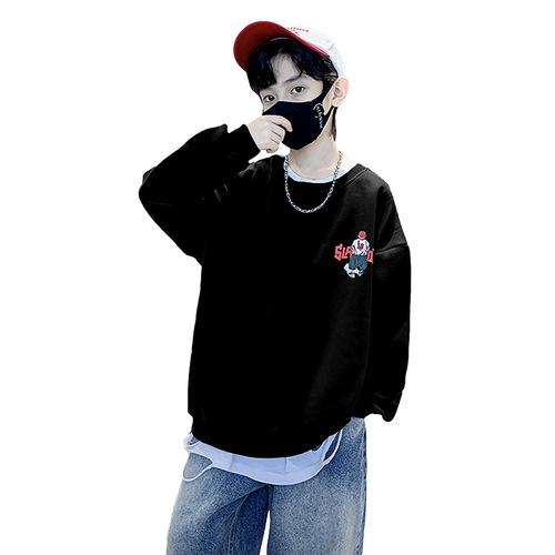 Boys' spring and autumn sweatshirts 2024 new medium and large boys' letter solid color bottoming shirts children's autumn children's clothing trend