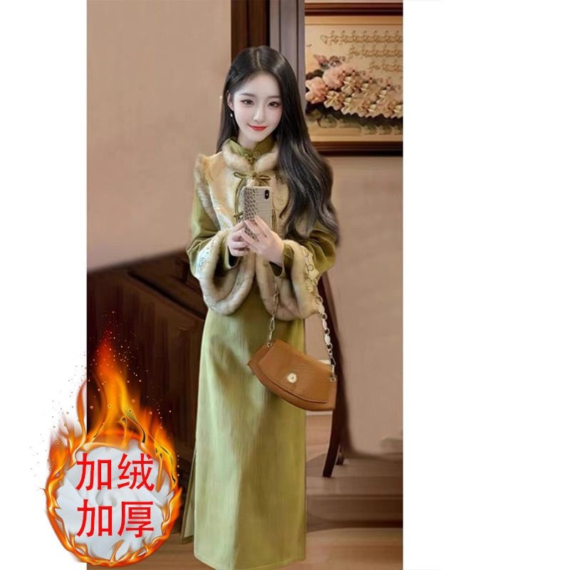 加绒加厚中国风气质旗袍连衣裙女装2024秋冬新款马甲新中式套装裙