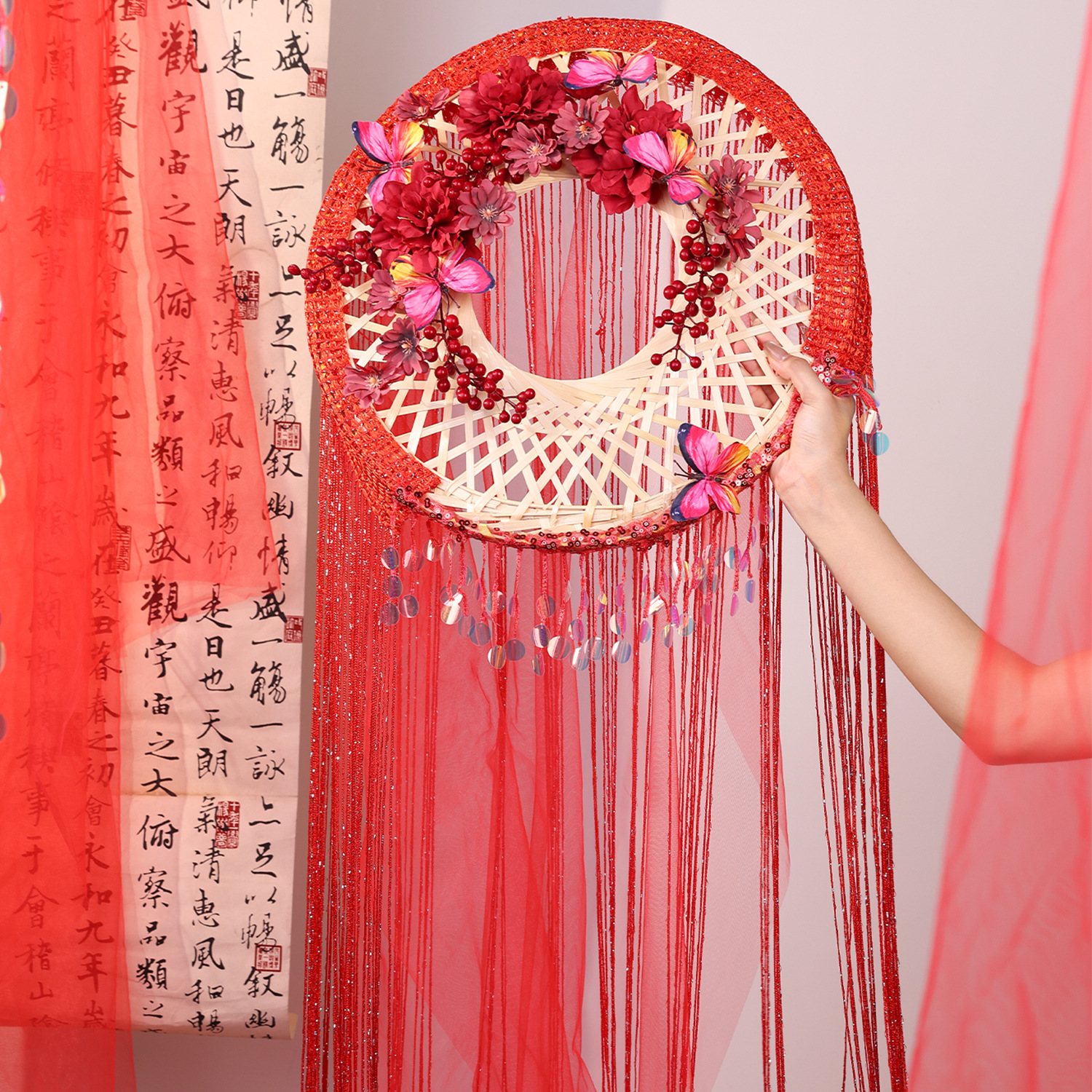Red Long Tassel Bamboo Hat Ancient Style Hair Accessory Fairy-Like Show Prop Hanfu Headwear for Women