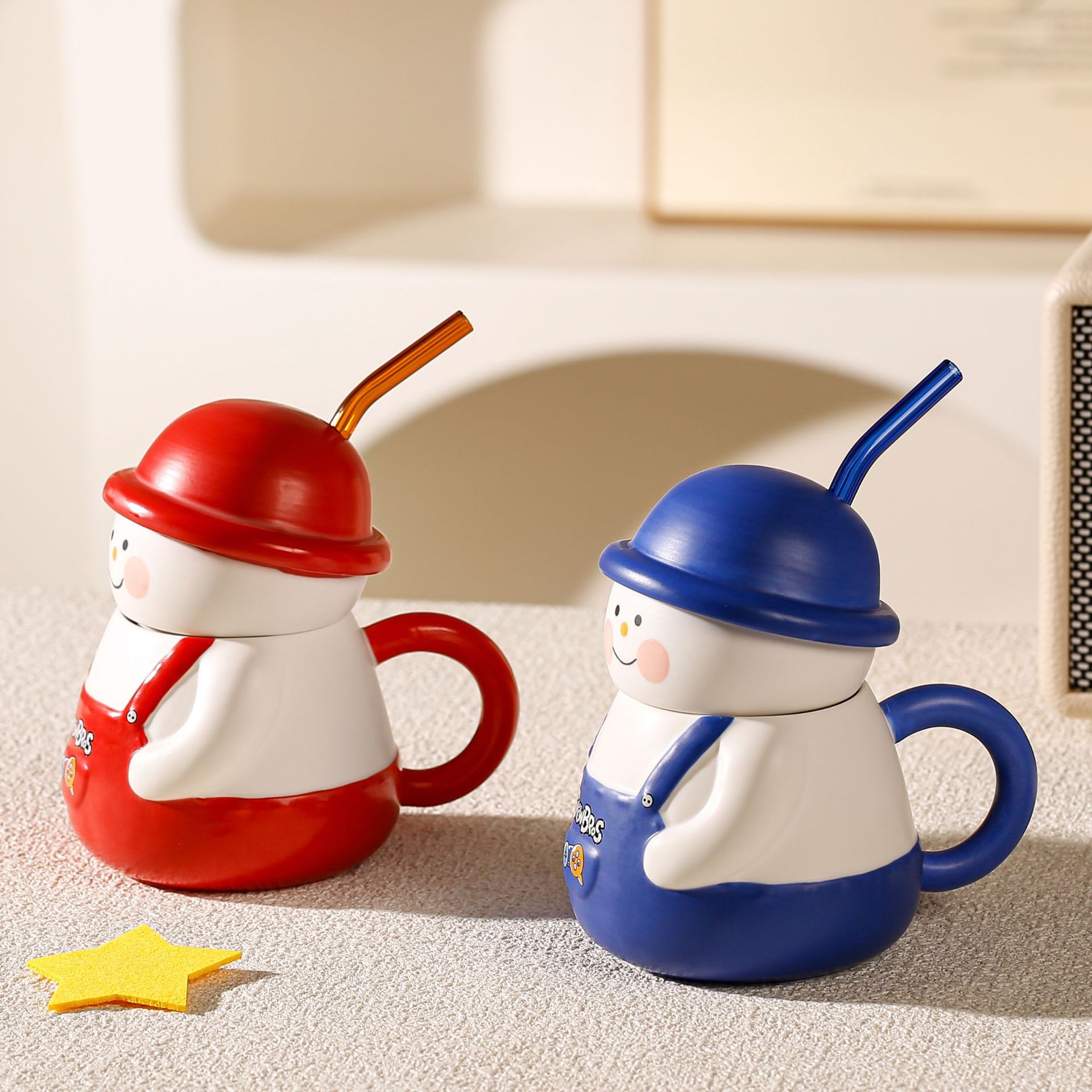 Personalidad creativa de dibujos animados muñecos de nieve hermanos taza de paja de alta cara de cerámica acompañante regalo de mano taza de marca taza de Navidad transfronteriza