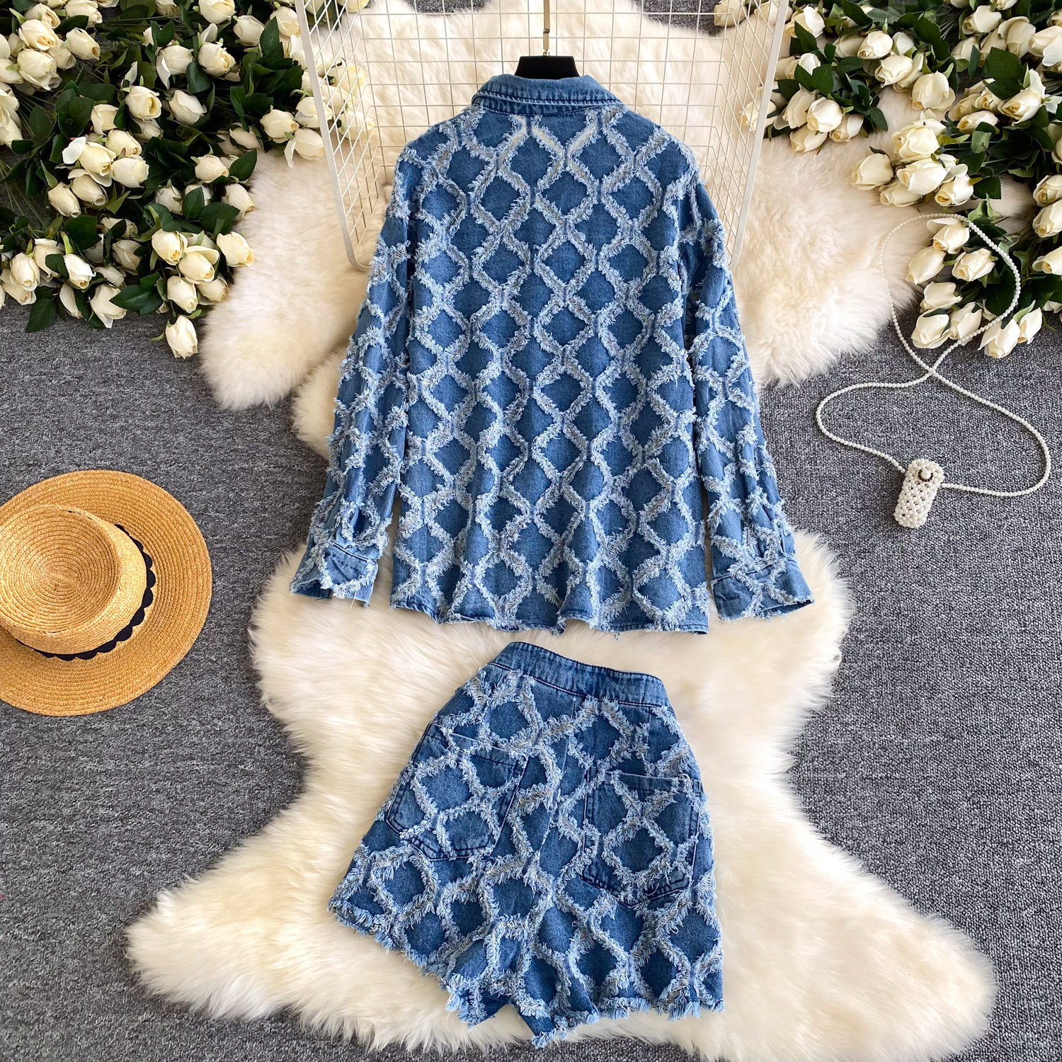 Women's Denim Shirt And Shorts Set Diamond Pattern Frayed Edge_voghion.com