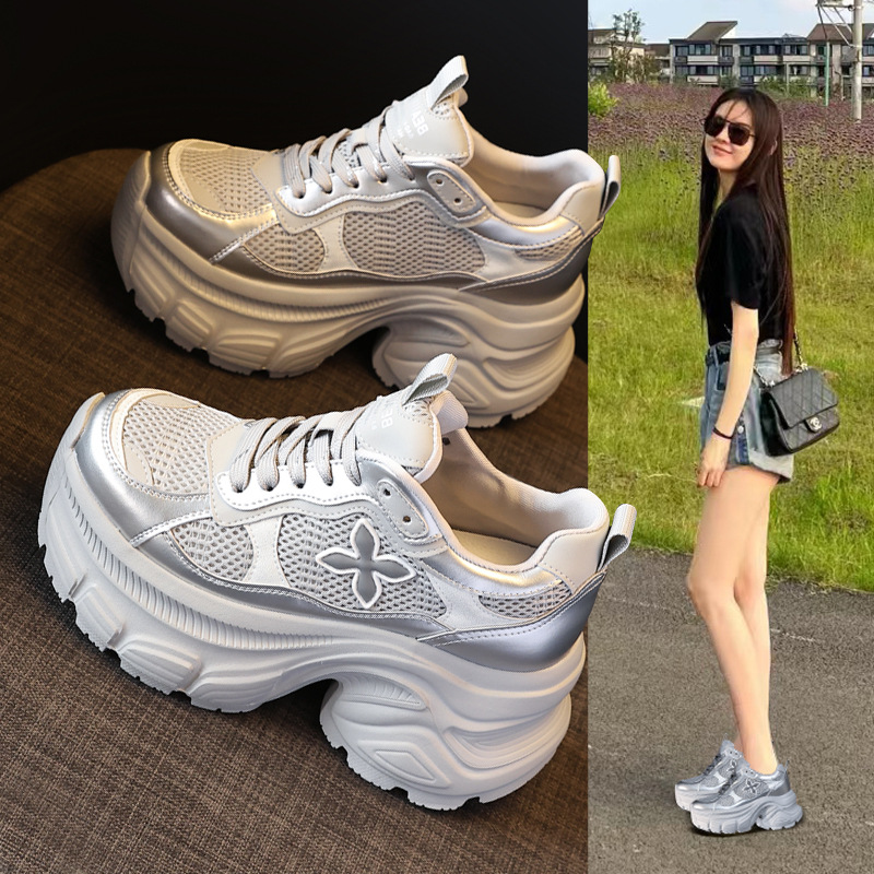 Giày sneaker nữ đế dày chunky mesh lưới thoáng khí, tăng chiều cao nhẹ nhàng — Màu trắng