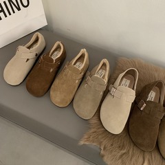 牛皮勃肯鞋女加絨棉鞋2023新款秋冬復古日系丑萌單鞋一腳蹬平底鞋