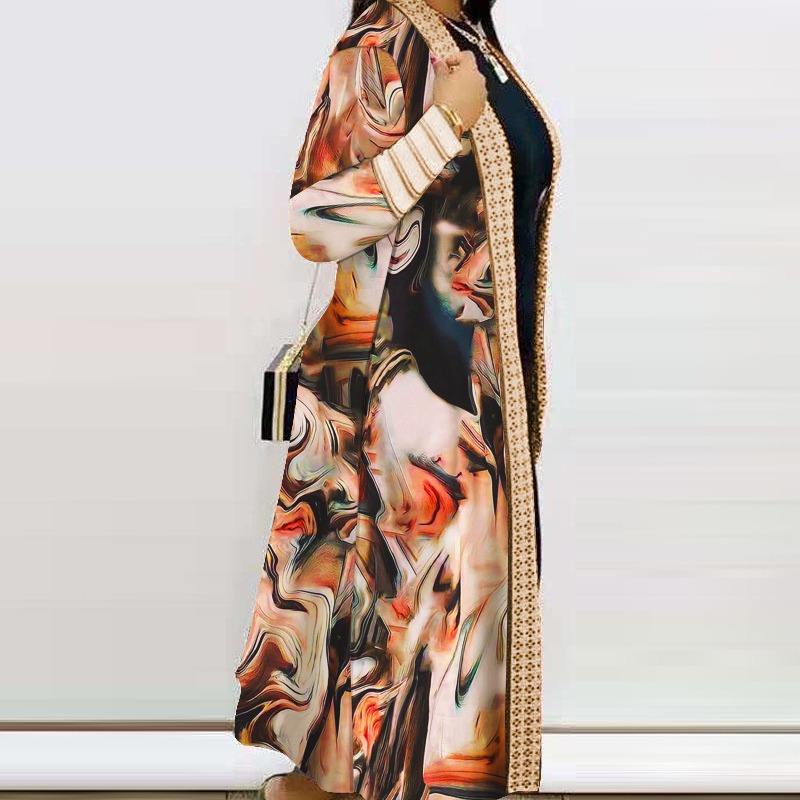 2024 ropa de mujer de comercio exterior transfronterizo Negro estilo de moda casual impreso manga larga costura abrigo de punto medio ropa de mujer