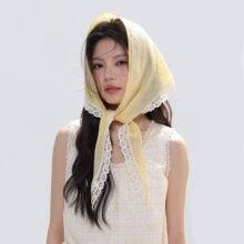 100%苎麻丝巾头巾发带新款百搭装饰屁帘蕾丝边领巾围脖三角巾披肩
