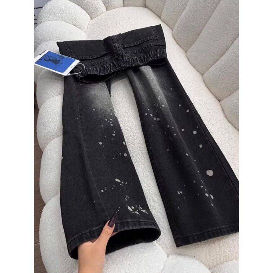 Men's Washed Black Straight Leg Jeans With Paint Splatter Print_voghion.com