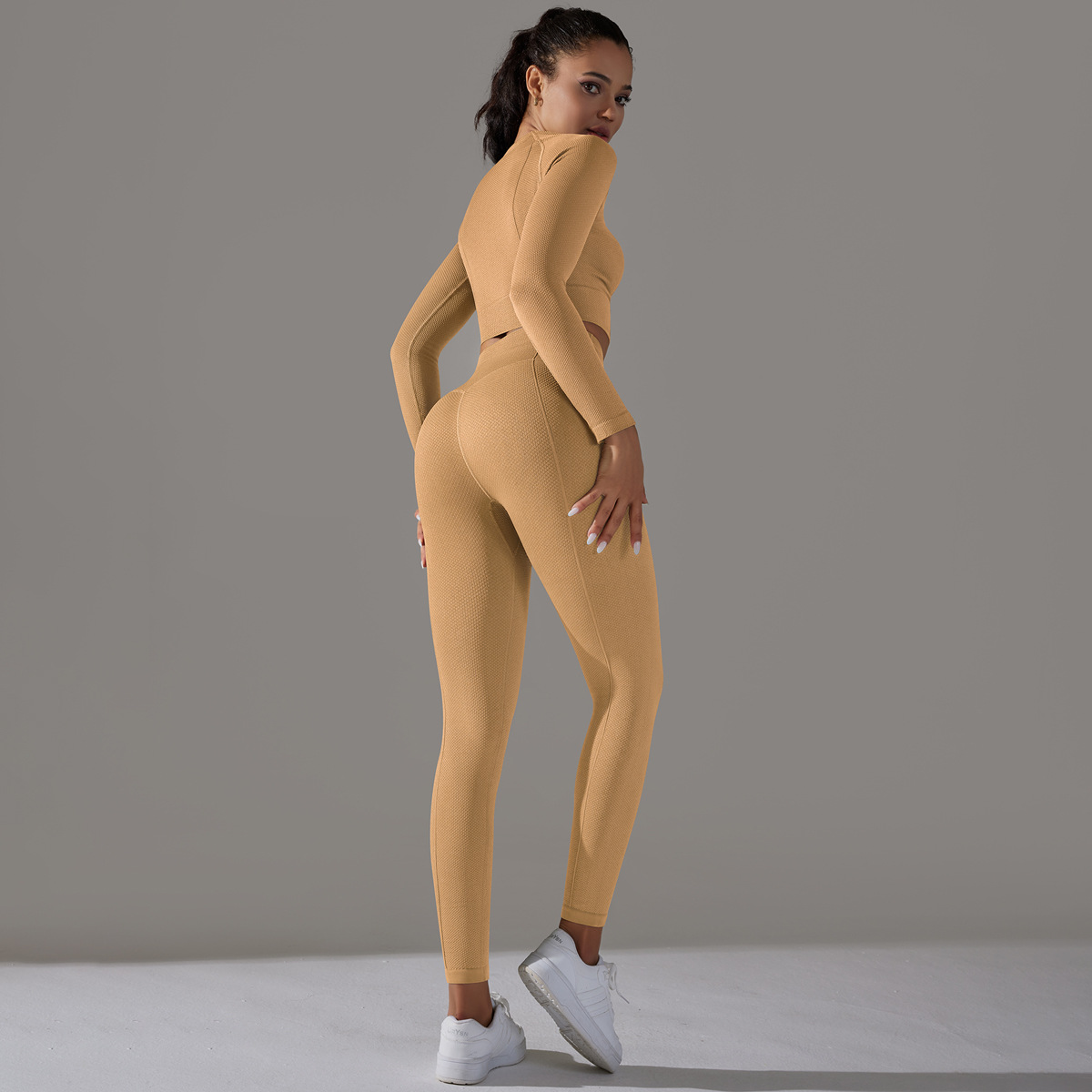 Rochie de yoga Jacquard pentru femei, cu mânecă lungă, talie înaltă, colanți de șold, îmbrăcăminte sport pentru fitness_voghion.com