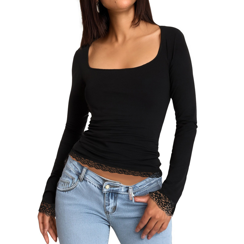 European and American Spring and Summer New Cross-border Women's Lace Stitching Square Collar Slim-fit Long-sleeved T-shirt Women's Base Shirt Top