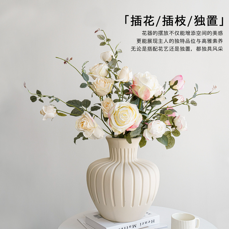 陶器の花瓶の装飾品リビングルームフラワーアレンジメントシンプルで軽い高級ハイエンド水生花フレンチミッドセンチュリークリームスタイル|undefined