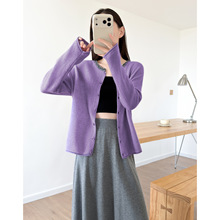 天丝羊毛 圆领撞色卷边针织开衫女气质慵懒秋冬长袖毛衣外套上衣