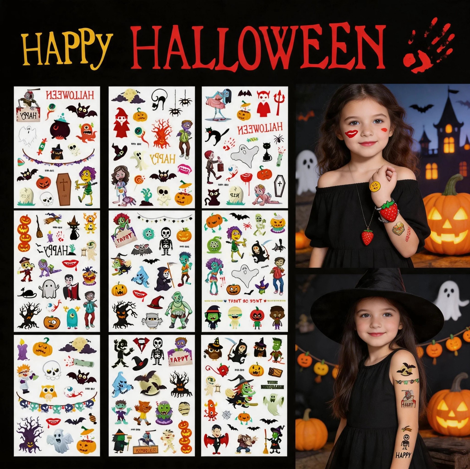 Tatuajes Temporales Infantiles de Halloween de Papel de Transferencia de Agua Impermeables