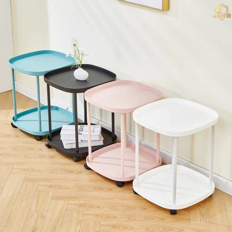 Home-use small coffee table, ins-style bedroom bedside table, movable stand with wheels, simple multi-layer storage rack