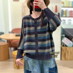 2025新款条纹撞色针织开衫 妈妈装秋冬款宽松显瘦毛衣外套女 018