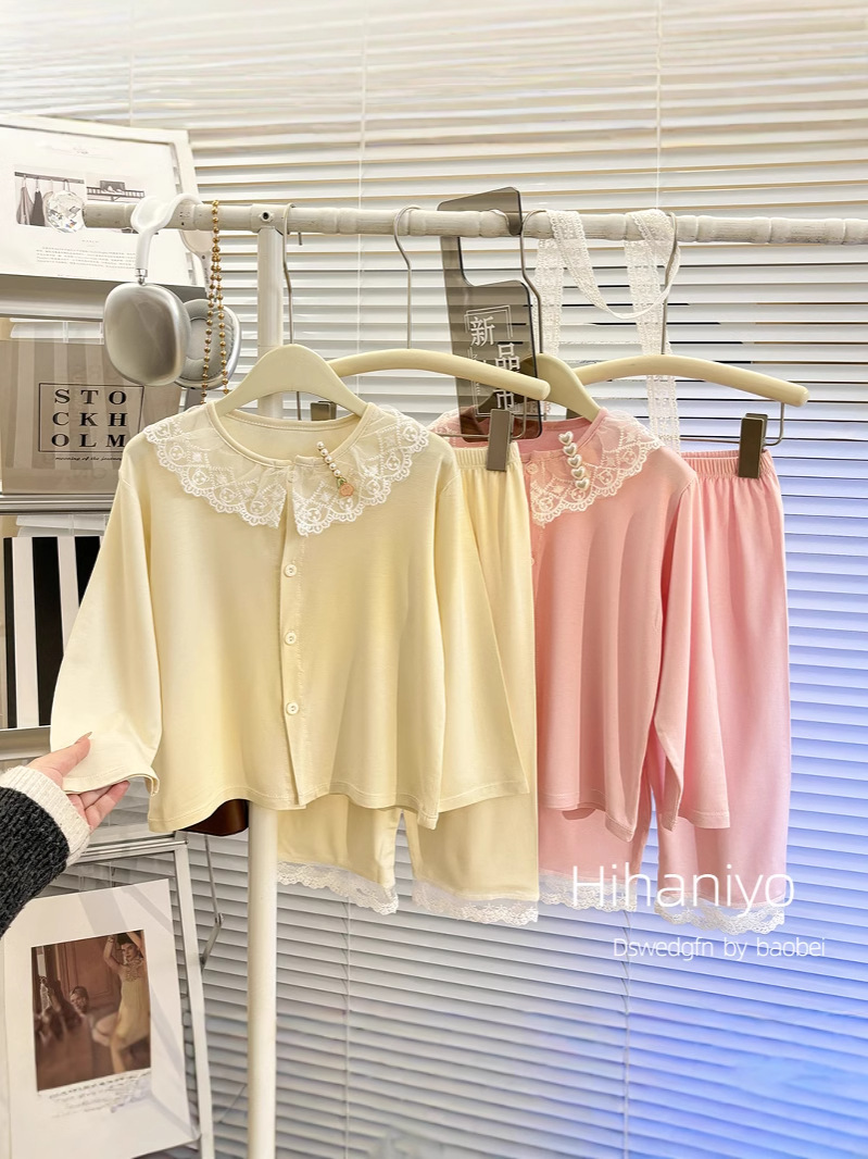 Traje modal para niños, chaqueta de punto delgada de verano para niñas, ropa de aire acondicionado de manga larga, pijamas de servicio a domicilio para padres e hijos para niños grandes