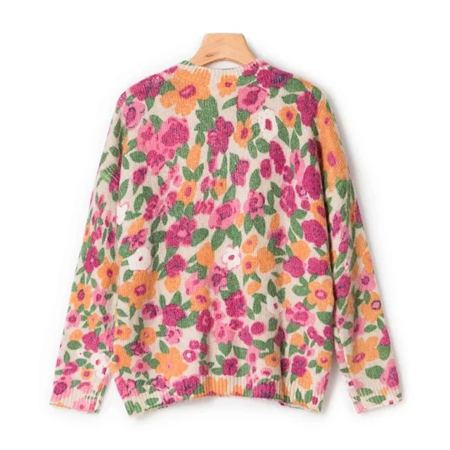 Suéter de manga larga suave con cuello redondo y estampado de flores silvestres coloridas de otoño, estilo informal y versátil, nuevo estilo de otoño
