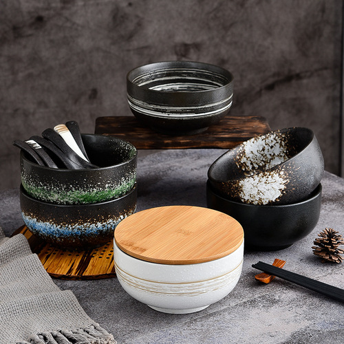 Japanese style instant noodle bowl with lid retro ceramic tableware salad bowl large rice bowl household beef noodle soup bowl wholesale